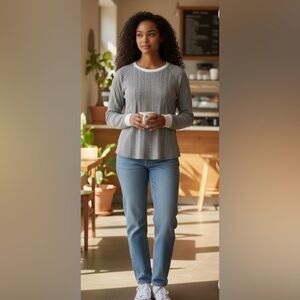 new-Gray Ribbed Sweater White Trim
Long Sleeve‎ Lightweight Dressy Casual Soft